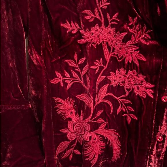 Johnny Was Burgundy Velvet Embroidered Peacock Button Down Blouse S NWT Boho - Picture 5 of 11